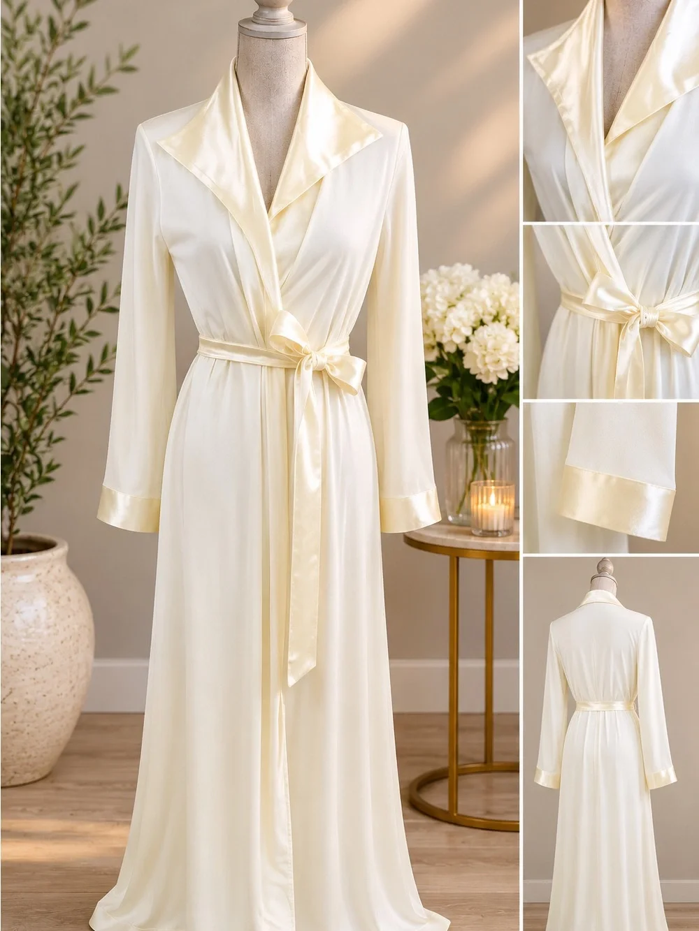 Vintage Ivory Satin Trim Long Robe Womens M Loungewear Elegant Feminine Bridal